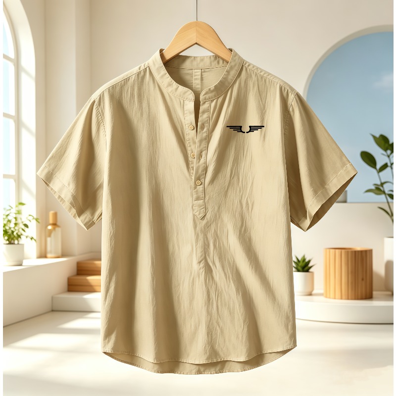 Linen Shirt Breathable - Erkek pamuklu ve keten Henley yaka