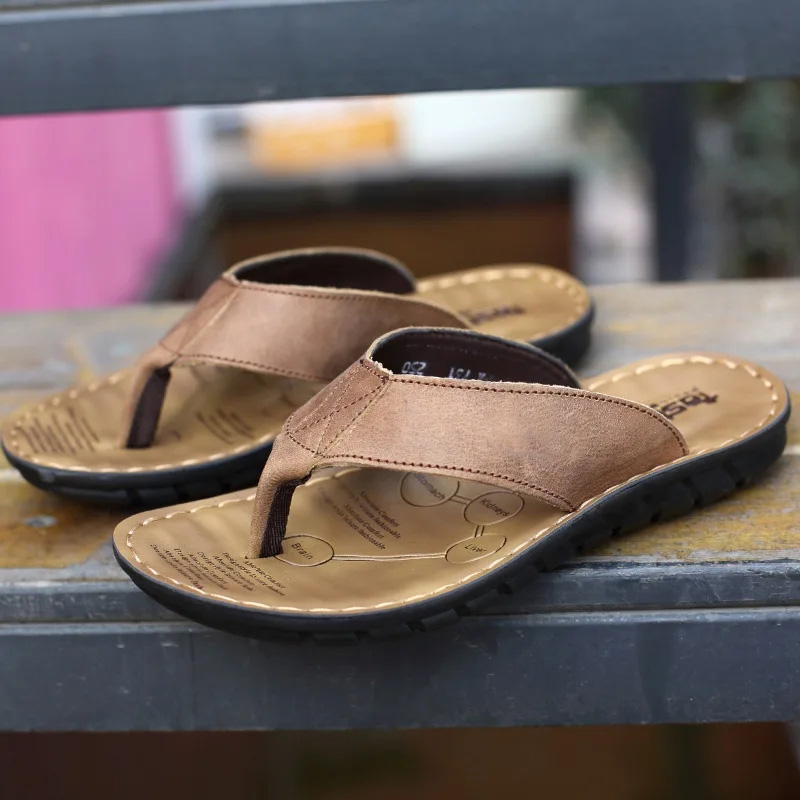 Flip Flop Leather Men - Roma Retro Erkek Terliği Düz Renk